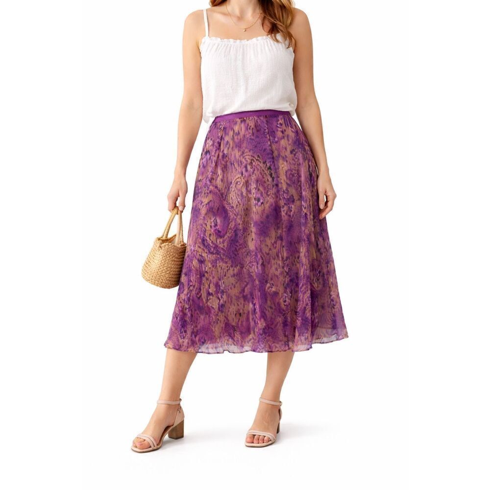 Worthington Women’s Size 12 Purple Paisley Boho A-Line Chiffon Knee Skirt